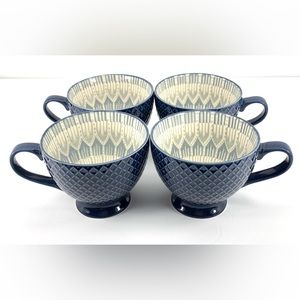 [SET OF 4] Signature Housewares Navy Blue Pad Print Footed Mugs Cups (WAFFLE)